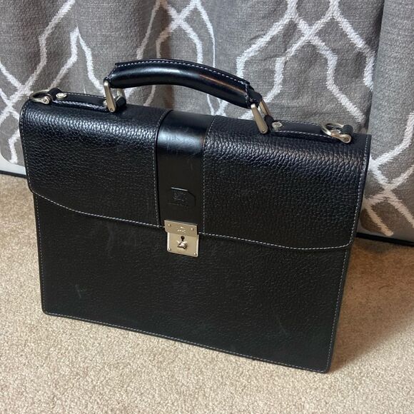 BURBERRY BLACK LEATHER BREIFCASE CROSSBODY WITH PLAID CHECKERED INTERIOR - Picture 2 of 12